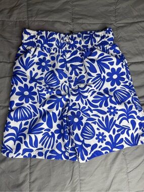 2 PAIRS - Boys George Swim Trunks Large (10/12) Blue & Red Coral, Blue/White